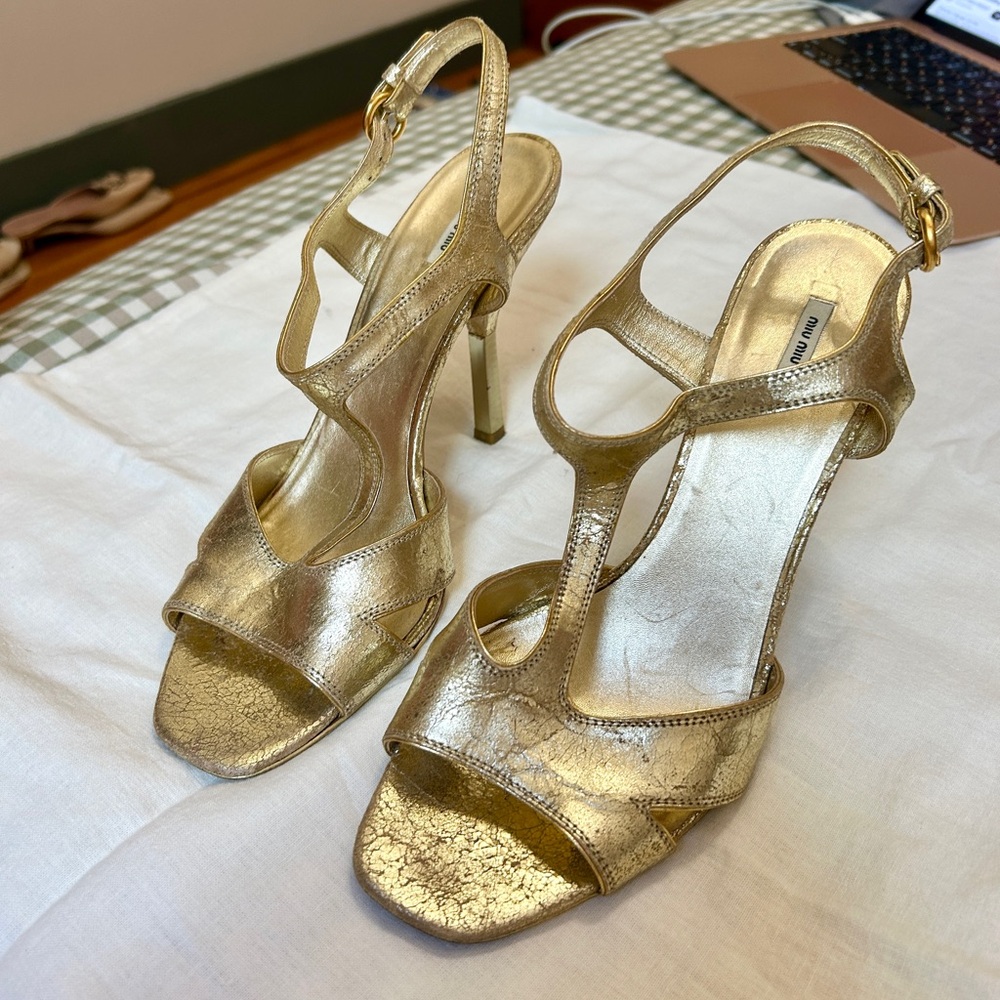 Miu Miu Gold Strappy Leather Heel